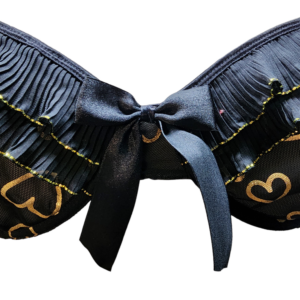DreamGirl Bra XL Black Sheer Lingerie Metallic Gold Hearts Ruffle Trim Bow Sexy - Picture 3 of 10